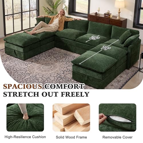 Image of Ihanherry 135 inch Oversized Sectional Sofa Bed with Storage, 8-Seater Modular Cloud Couch with Movable Ottomans, Chenille Deep Seat Sleeper Couches for Living Room (Green)