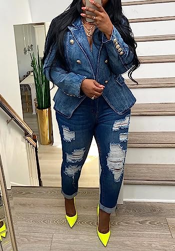 YOOTIKO Womens Jean Blazer Lapel Open Front Button Up Long Sleeve Casual Work Denim Jacket Coat3