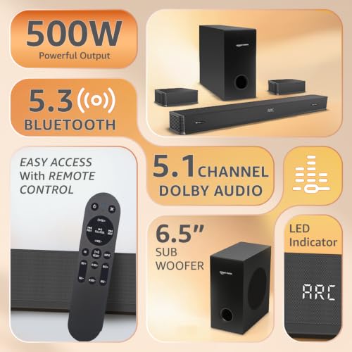 Image of Amazon Basics 500W Soundbar with Subwoofer & Surround Speakers, 5.1 Channel Dolby Digital Home Theatre System for TV, 6.5 inch BassDriver, HDMI ARC, Optical, Bluetooth 5.3, USB, AUX, Remote Control, Black