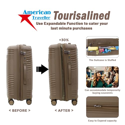 Image of AMERICAN TRAVELLER Tourisalined Trolley Bag| Polypropylene Hard Shell Luggage | Waterproof & Expandable Suitcase for Travel | 8 Smooth Spinner Wheels | Durable Travel Trolley Bag Set (24, Khaki)