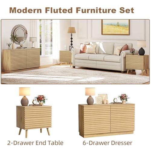 Image of BREEZEHEAT Fluted Dresser and Nightstand Sets 3 Piece-23 inch Wide End Table Set-Mid Century Modern Wood Bedside Table with 2 Large Drawers, Accent Side Table for Bedroom, Living Room, Natural Oak