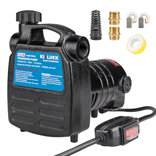 Water Transfer Pump, KITLUCK 120V 1/2 HP 1500GPH Cast Iron Portable Electric Utility Water Pump, Heavy Duty High Pressure Transfer Pump with ON/OFF Switch, Suction Strainer and Brass Connectors