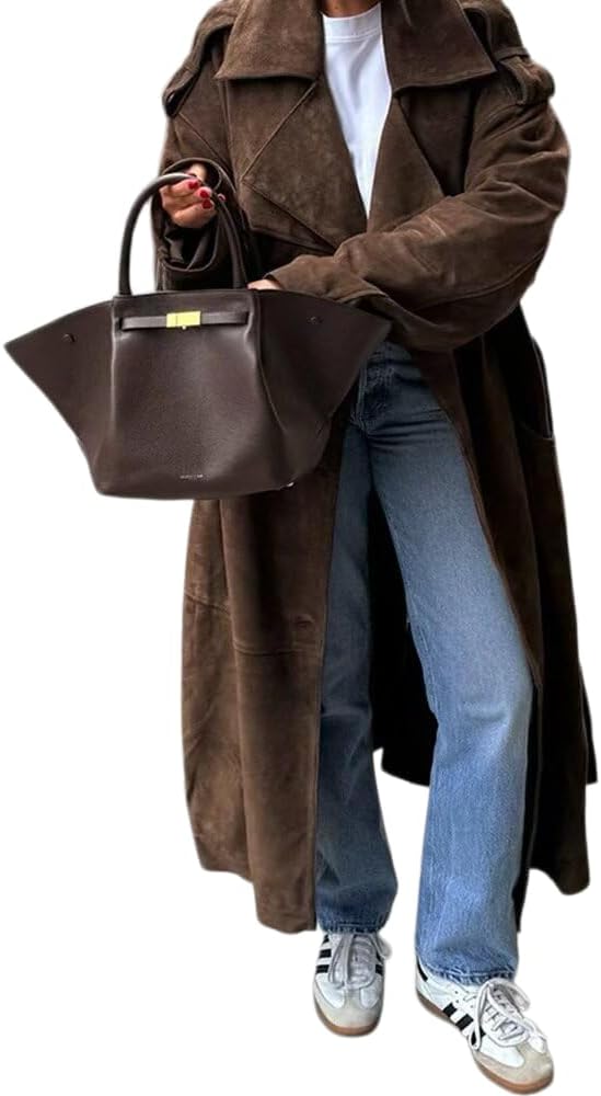 HOTIAN Women's Faux Suede Trench Coat - Double Breasted Belted Long Jacket with Wide Lapel for Fall & Winter
