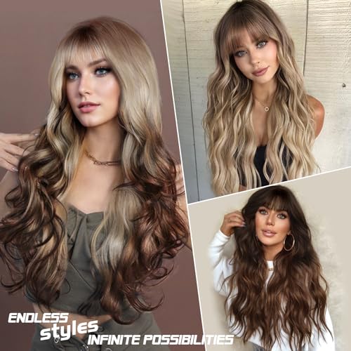 image for Lativ Ombre Blonde Brown Wig with Bangs Long Wavy Curly Wig with Brown
