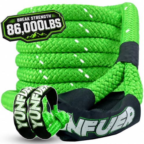 YUNFUER Heavy-Duty Kinetic Recovery Rope Kit – 86,000lbs, 1.5in x 30ft – Includes 2 Ultra-Strong UHMWPE Soft Shackles – 35%+ Elasticity for Off-Road Recovery, Towing & Emergency Use (Reflective)