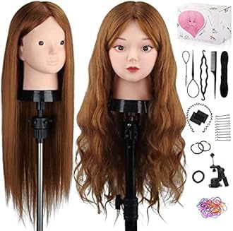 TopDirect Mannequin Head with 80% Human Hair, 23.5" Brown Real Hair Cosmetology Mannequin Head Hair Styling Hairdressing Practice Training Doll Heads with Clamp Holder and Tools