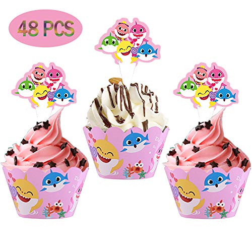 48 PCS Shark Cupcake Toppers Wrappers Shark Theme Party Supplies- 24 pcs Ba