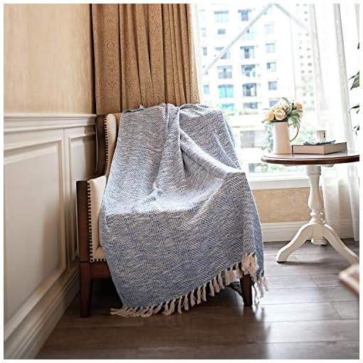 MOTINI Blue and White Throw Blanket Knitted Herringbone Woven