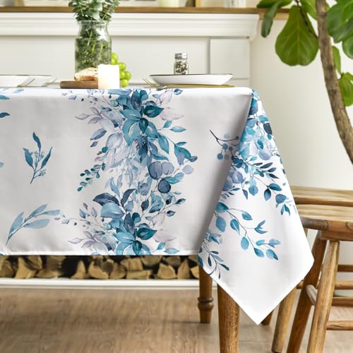 Image of Horaldaily Spring Tablecloth 60x104 Inch Rectangular, Eucalyptus Floral Blue Table Cover for Party Picnic Dinner Decor