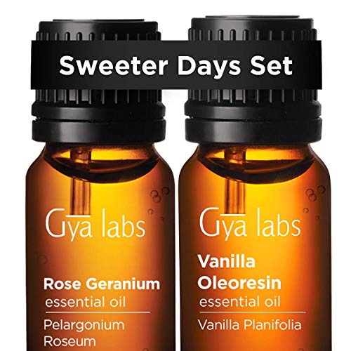 Rose Geranium Oil & Vanilla Oleoresin Essential Oil - Gya Labs Sweeter Days Set for Stress Relief & Relaxation - 100% Pure Therapeutic Grade Essential Oils Set to Alleviate Tension - 2x10ml