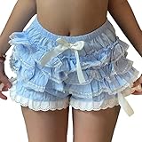Women Y2k Lolita Bloomers Ruffle Pumpkin Panties Bottom Lace Trim Layered High Waist Short Pants(Ruffle Blue,Medium)