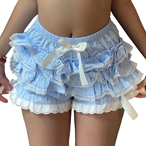 Women Y2k Lolita Bloomers Ruffle Pumpkin Panties Bottom Lace Trim Layered High Waist Short Pants(Ruffle Blue,Small) -  NUFIWI, DMTJPX-YQFW-SB-A1