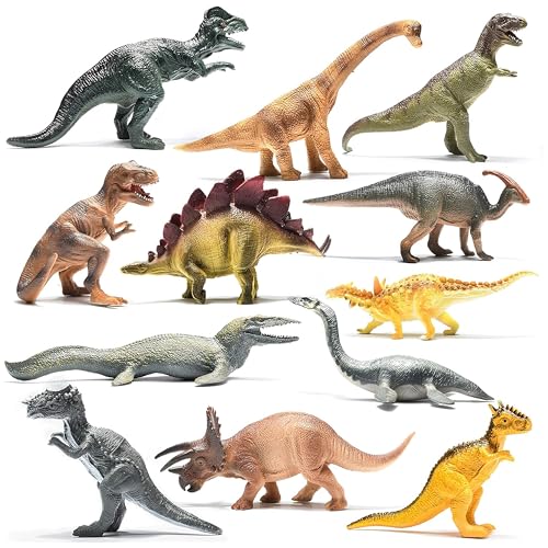 Prextex Assortiment de 12 Grands Dinosaures Figurines Réalistes - Dinosaure Jouet 25 cm en Plastique T-Rex et Autres Familles de Dinosaures Creatures Préhistoriques, Cadeau Enfants