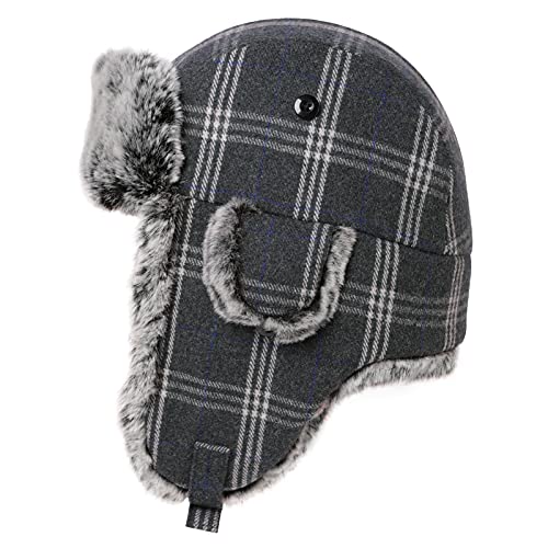 Fancet Patchwork Buffalo Check Plaid Faux Fur Mad Bomber Trapper Ushanka Russian Hat For Men Women Earflaps Winter Hunting Cap Grey White #TOP13