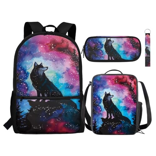 Zaino per bambini set da 4 pezzi include borsa per libri scolastici per il pranzo portapenne portachiavi per la scuola Lupo Tie Dye Taglia unica Zaini Daypack
