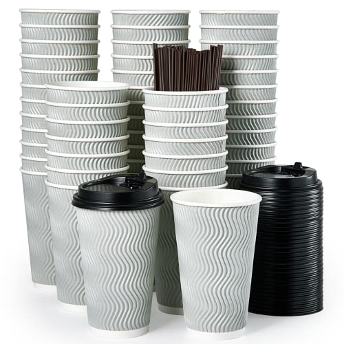 MUCHII 16 oz Coffee Cups, 80 Count Paper Cups With Lids and Straws, Silver