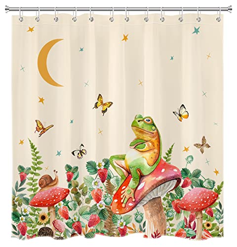 Meunear Mushroom Strawberry Shower Curtain Frog Floral Butterfly Shower Curtains Botanical Plant Flowers Boho Moon Funny Animal Cottagecore Aesthetic Bathroom Decor Fabric Durable 12 Hooks 72X72Inches #TOP1