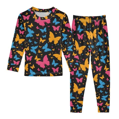 ALAZA Multicolor Butterfly Black Pajamas Long Sleeve Sleepwear 2-Piece Pajama Set