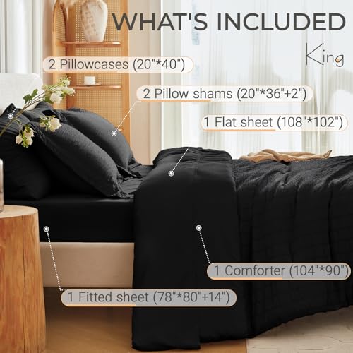 Image of MUXHOMO 7 Pieces King Comforter Set, Seersucker Bed in a Bag King Size, All Season Luxury Bedding Set with Comforter, Flat Sheet, Fitted Sheet, Pillowcases & Shams, Black