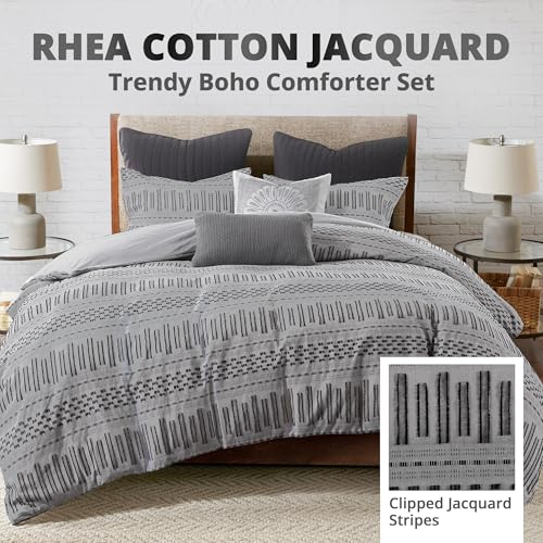 Image of INK+IVY Luxurious Cotton-Bedding Set - Mid Century Trendy Geometric Design, All Season Cozy-Cover With Matching-Shams, King /Cal King, Rhea Jacquard Grey /Black