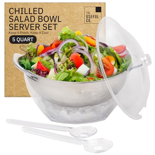 Useful Co. 5QT Salad Bowl Set on Ice - Large Salad Bowl with Lid & 2 Servers - Chilled Tray for Cold Food, Party Buffet - Serving Bowl with Ice Tray Base for Gatherings