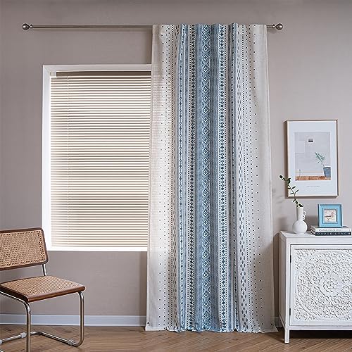 Image of MYSKY HOME Boho Curtains Semi Sheer Linen Blended Curtains 95 Inches Long for Living Room Stripe Patterned Farmhouse Curtains Light Filtering Privacy Back Tab Drapes, 50'' Wide, Blue, 2 Panels