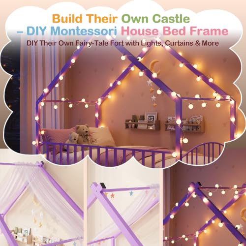 Image of Garvee Twin Size House Shape Bed Frame with Rail, Purple