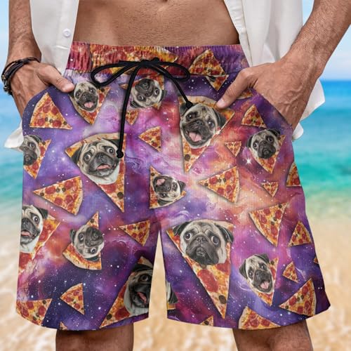 Funny Mens Swim Trunks - Pizza Dogs Hawaiian Mens Shorts Casual - Summer Drawstring Beachwear Shorts PA452