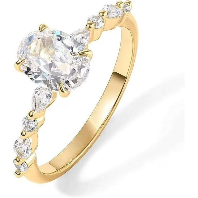 14K Yellow Gold Plated Oval Cut Moissanite Engagement Ring – Dainty Solitaire Ring with Side Stones for Women, Anniversary Promise Ring2
