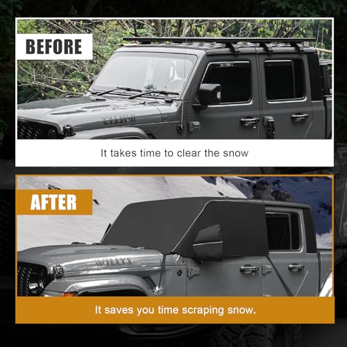 Image of Windshield & Front Side Window Snow Cover Compatible wirh Jeep Wrangle JL JT 18-24, 600D Oxford Cloth Windshield Cover with Mirror Cover for Sun, Rain, Snow, Sand, Dust, Leaves, Branches Protection