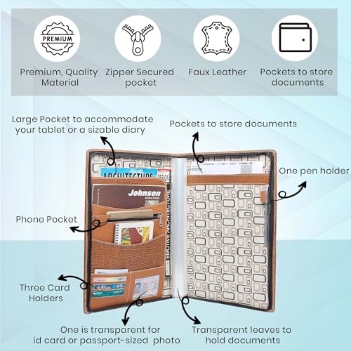 Image of ZesTale Premium Executive Document File Folder - PU Leatherette Certificate Holder, Zipper Closure, 20 Transparent Leaves, Card & Pen Holder - Office, School & Business Organizer (Brown)