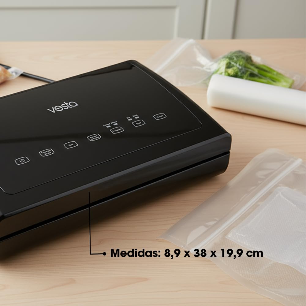 Vesta Precision Envasadora al Vacío Doméstica V11 con Barra de Sellado de 31cm | Panel Táctil con Varias Funciones, Incluye Bolsas de Envsar (Rollo), Color Negro, 8,9x38x19,9cm,