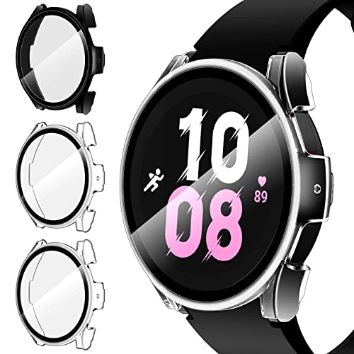 iVoler 3 Pezzi Cover con Vetro Temperato per Samsung Galaxy Watch 5 44mm / Watch 4 44mm, Copertura Completa Custodia Rigida PC, HD Clear Pellicola Protettiva Anti-Graffio Case, 2 Trasparente + 1 Nero