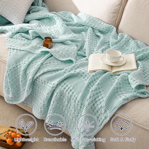Image of PHF 100% Cotton Waffle Blanket King Size for Bed, Lightweight Breathable and Soft for Summer, Luxury Aesthetic Waffle Weave Blanket for Home Decor & Gifts for Women, 108 inchx90 inch, Mint