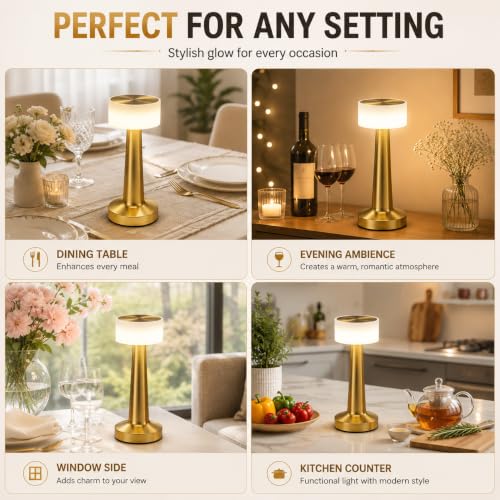 Image of One94Store Table Lamp Type-C Charging 1500mAh Battery,3 Color Dimmable Touch Control Lamp,Lamps for Home Decor and Bedroom, Living Room, Restaurant,Outdoor Use (Retro Metal - Gold)