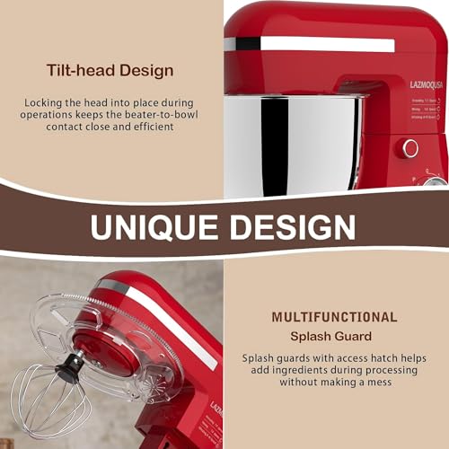 Image of 6in1 Stand Mixer with 6.5 Quart Bowl, 660W 10+p Speeds Kitchen Food Mixer Tilt-Head Bread Dough and Cake Mixers for Home Daily Use (Red)