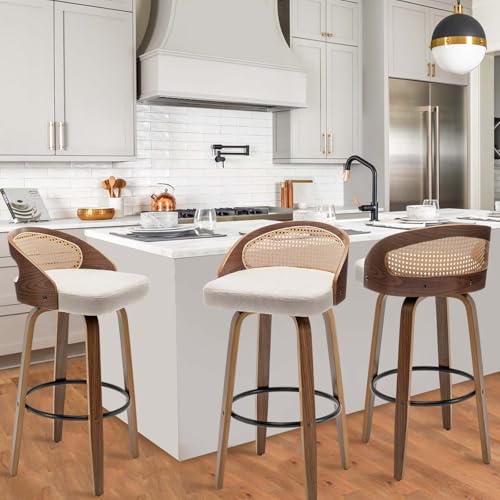 Image of 30 inch Swivel Rattan Bar Stools Set of 3,Mid-Century Modern Beige Linen Fabric Upholstered Counter Height Stools,Kitchen Island Barstools with Rattan Low Backrest,Walnut Wood Finish Bar Chair