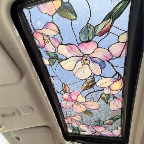 Image of XhuangTech Flower Sunroof Film Floral Rainbow Effect Static Clings Window Privacy Film Sun Protection Stained Glass Decals for Car Moonroof and Home (F876, 16.93 x 39.37 Inch)