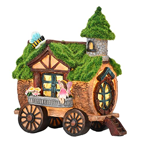 TERESA'S COLLECTIONS 21cm Adornos de Jardín Casa de Hadas Luz Solar LED, Decoracion de Jardin Hogar de Resina de Casa del Arbol Habitante con Verde Musgo, Carro y Hada Cover