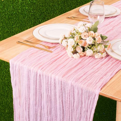 Pink Cheesecloth Table Runner 10 FT Boho Gauze Table Runner Wedding Dining Table Decorations 35x120 Inch Cheese Cloth Runner for Holiday Birthday Baby Shower Event Table Decorations for Party