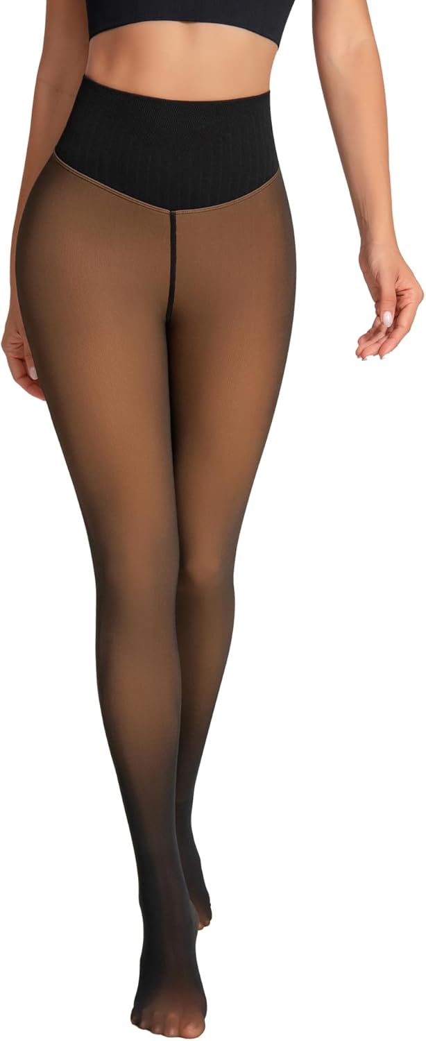 oufali One-Seam Fleece Lined Tights for Women Fake Sheer Thermal Leggings with Tummy Control & Butt Lifting Design