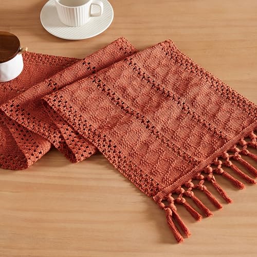 Image of ZeeMart Macrame Style Boho Table Runner, 12x72 Inch Rust | Woven Boho Table Runner with Handmade Tassels, Crochet Hollow Table Scarf, Farmhouse Kitchen Home Decor Dresser Runner