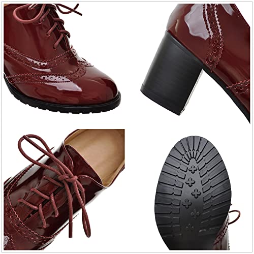 Amtopiyo Women's Mid Block Heel Brogues Pumps Vintage PU Leather Lace-Up Oxfords Dress Shoes4