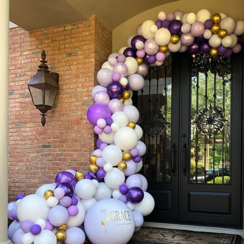 Image of Purple and White Balloons, 12in Lilac Lavender Helium Confetti Latex Purple Balloons with Ribbon for Women Kids' Birthday Party Baby Shower Wedding Anniversary Gender Reveal Princess Decoration