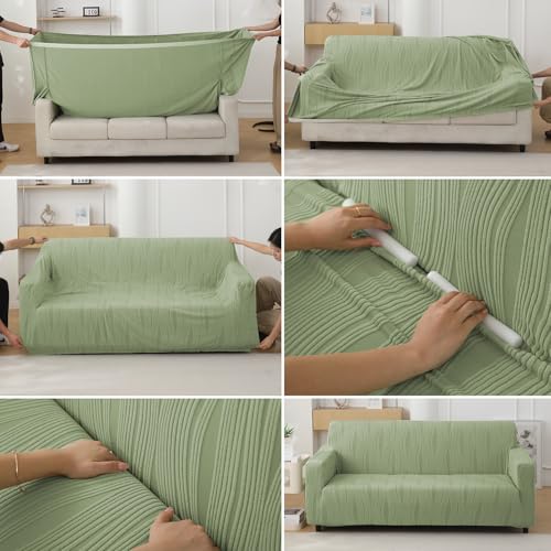 Image of HOKIPO 4 Seater Sofa Cover - 200 GSM Premium Jacquard Stretchable Fully Covered Slipcover,' Nestiva Series' Pastel Green (NEW2-AR-5310-GRN)