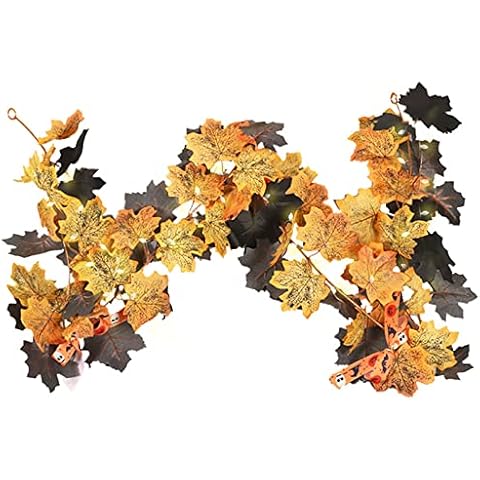 Xyfw Fall Leaves Garland with Lights,5.5 Ft Black Maple Fall Garland for Mantle,Autumn Maple Leaf Garland for Home Halloween Decorations Cover