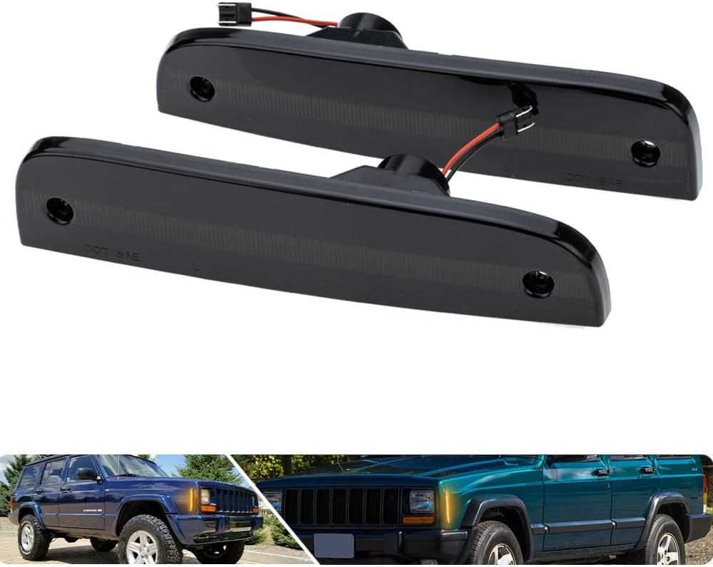 2PCS Amber Led Side Marker Lights for 1997-2001 J'eep Cherokee XJ Led Indicator Turn Signal Light Kit Smoked Lens Front Bumper Clearance Light OEM Replacement 55055146