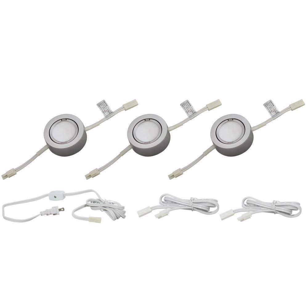 3 LED Puck Light Kit - Silver Cover with Cool White Light (6,000k) - Under Cabinet and Furniture - 120v/110v - Dimmable - Line-Voltage