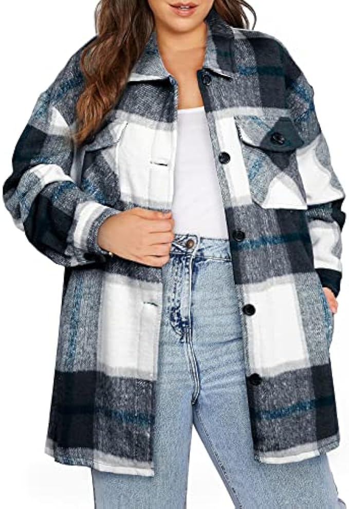 Eytino Womens Plus Size Long Sleeve Button Down Boyfriend Shirts Casual Plaid Shacket Jacket Coats(1X-5X)