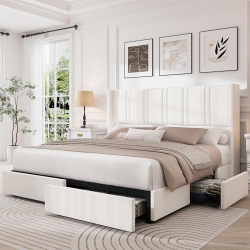LARMACE Queen Size Bed Frame with 4 Storage Drawers and Wingback...